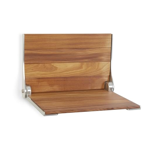 Seachrome Silhouette Natural Teak Wood Wall Mount Folding Shower Seat Bench with Silver Frame