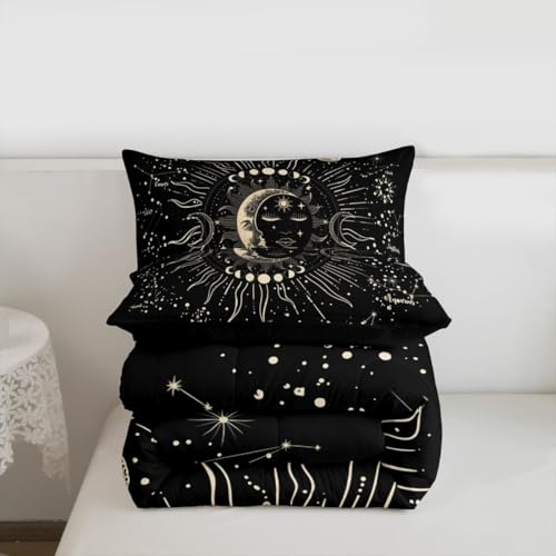 Image of Feelyou Sun and Moon Printed Comforter Set Boho Exotic Decor Bedding Set for Kids Boys Girls Galaxy Astrology Comforter Bohemian Gray Black Soft Quilt Set with 2 Pillowcases 3Pcs Bedding King