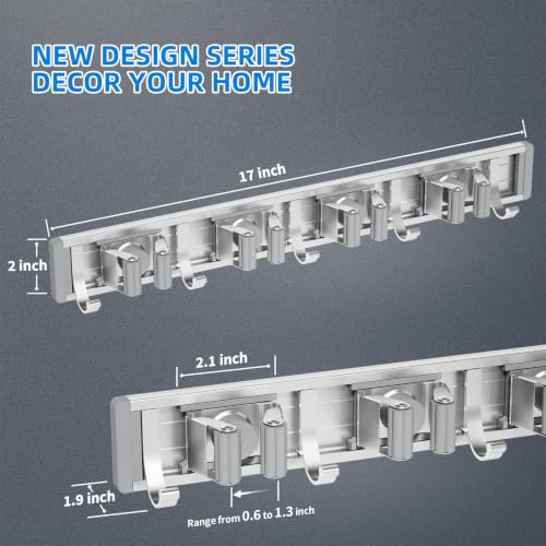 Image of reliahom Broom Holder Wall Mount Mop Hanger Tools organizer 4Racks 5Hooks | Adjustable Stick or Screw Mop Broom Wall Hanging Tool Storage Rack Space-saving for Garage,Kitchen,Laundry Room,Garden,Silver