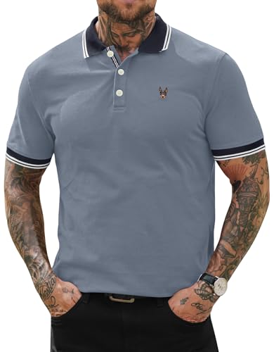 Herberton Mens Polo Shirts Stylish Retro Polos Summer Pique Poloshirts Split Business Soft Short Sleeve Solid Cotton Classic Logo Side Slit Casual Button Shirt Light Blue L