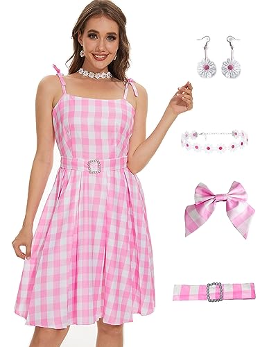 Poboola Pink Gingham Dress Plaid Adult Costumes for Women Cosplay Outfit Halloween Party Movie with...