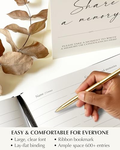 Image of Funeral Guest Book Memorial Service - Celebration of Life Sign in Condolences Registry with Golden Pen | Elegant In Loving Memory Remembrance | Premium Hardcover 9 x 7 Inches, Table Sign & Back Pocket