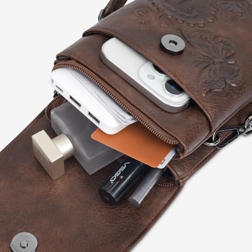 Image of Small Crossbody Bags for Women Trendy Vegan Leather Cell Phone Bag Embossed Flower Design Wallet Purses with Strap