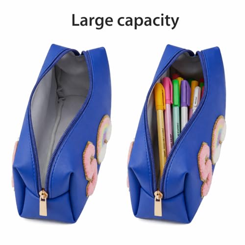 Image of AICA Gifts Personalized Leather Pencil Pouch (RoyalBlue) with Embroidered Alphabet & Patch | Pencil Pouch for Kids | Birthday Gift | Birthday Return Gift |Gift for Kids Age 6-10