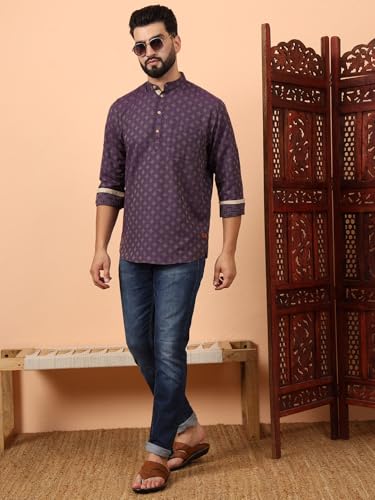 Image of LATEST CHIKAN Men's Cotton Regular Self Design Short Kurta Full Sleeves - Casual Ethnic Wear