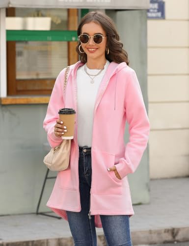 Vancavoo Fleecejacke Damen Lang Winterjacke Sweatjacke Kapuzenjacke Zip Kapuzenpullover Lose Jacken Einfarbig Sweatshirt Langen Mantel Cardigan Outwear Mit Taschen,Rosa,M