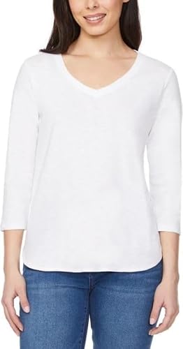 KIRKLAND Signature Women's 3/4 Sleeve V- Neck Cotton Slub Tee (White, Medium)