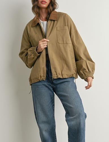 Women’s Barn Jacket Corduroy Collar Zipper Utility Jacket Cinchable Hem Workwear Jacket with Pockets4