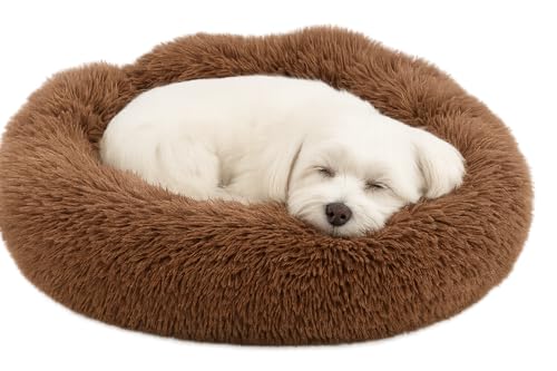 Flamingo Hundebett flauschig, Katzenbett, Donut Kissen, waschbar, Polsterung in der Mitte herausnehmbar, Langer Plüsch, 55 cm Durchmesser - Mokka