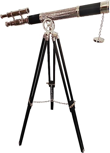 Vintage Look Double Barrel Brass Chrome/Nikel Black Leather Telescope Retro Style Nautical Adjustable Brown Wooden Tripod Stand Adjustable Brown Wooden Tripod Stand