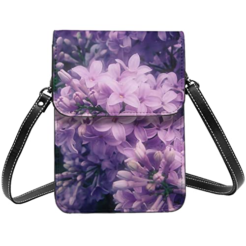 Sacoche téléphone en cuir noir et motif floral violet haute finition