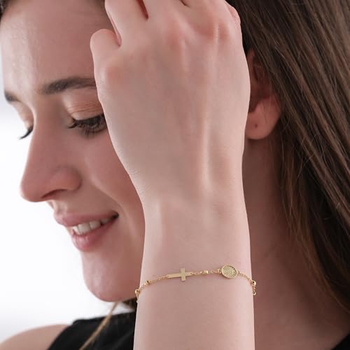 Image of MIONZA Catholic Medal Cross Bracelet for Women | 14K Gold Plated or Solid Gold, Religious Rosary Jewelry, Choose Your Saint Medal Bracelet