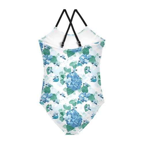 senya Girls Swimsuits One-Piece Swimwear Tie Bathing Suit Beach Summer Round Neck 5-6T Little Bird Hydrangea Flower Pattern2