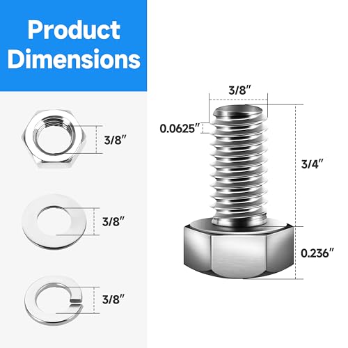 Image of (12 Sets) 3 /8 Bolt, 3 /8-16 x 3 /4 inch Hex Head Screws, Assorted Screws Nuts and Bolts with Flat & Lock Washers, 304 Stainless Steel 18-8, 3 /8 Bolts and Nuts Set by Marysino