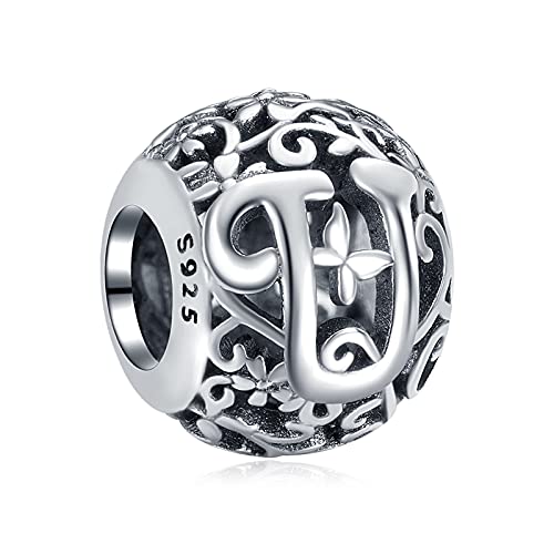 Annmors Abalorios Letra U de Plata 925 de Primera Ley Charm Alfabeto Iniciales Colgantes para Pulseras