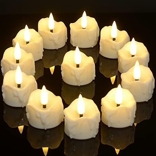 Punasi 12pcs Battery Operated Tea Lights with Timer and Realistic Black Wick, Flickering Flameless Electric LED Fake Votive Tealight Candles for Home Room Halloween Christmas Decorations, Warm White