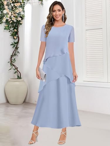 Modest Mother of The Bride Dresses with Sleeve Tiered Chiffon Wedding Guest Dress with Pockets3