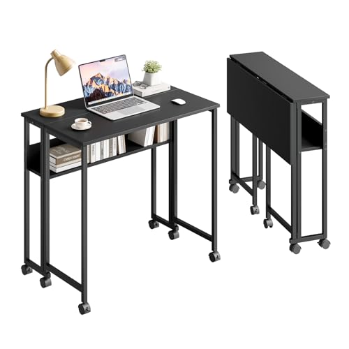 Dripex Faltbar Tisch 80x50 cm, Platzsparender Schreibtisch Klappbar Computertisch mit Stauraum und Rollen Kleiner PC Klapptisch für Homeoffice Arbeitszimmer(Schwarz)