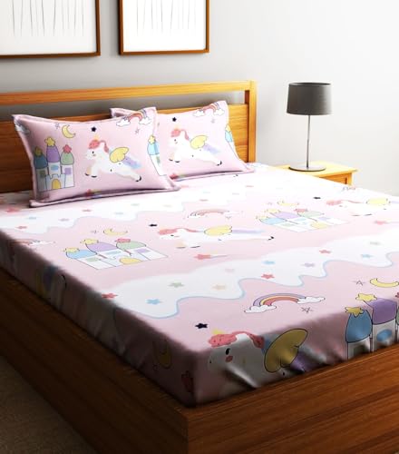 Image of Home Sizzler Microfibre Kid's Unicorn Double Bedsheet with 2 Pillow Covers (144TC, Baby Pink, 1 Bedsheet + 2 Pillow Covers)