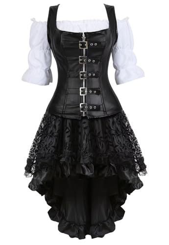 Jutrisujo Korsett Damen Kleid Steampunk Corsagenkleid Leder Corsage Kostüm Reißverschluss asymmetrischer Spitzenrock und Bluse für Halloween...