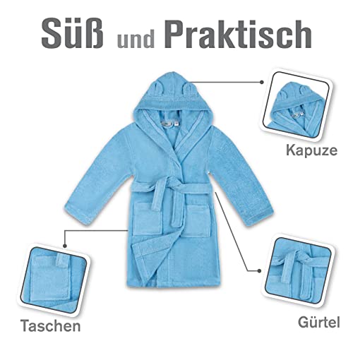 Twinzen - Kinderbademantel Mädchen oder Junge - 100% Baumwolle Ohne Chemikalien OEKO-TEX® - 2 Taschen, Gürtel, Kapuze mit Ohren - 7-8 Jahre, Pastellblau, Size4