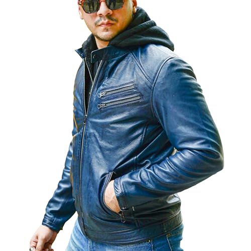 Image of Jild Hooded 2.0 Leather Jacket Men - Genuine Lambskin Leather Bomber Jacket with Removable Hood for Mens Fashion