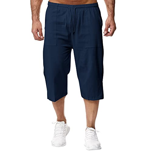 Remxi Short 3/4 en Lin pour Homme - Coupe Ample - Pantalon Cargo d'été décontracté Bleu Marine...