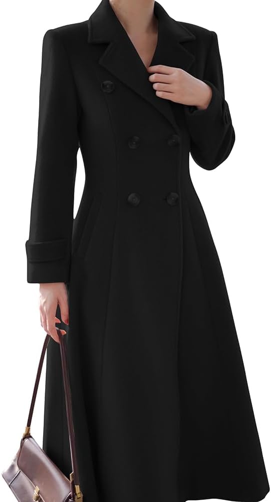 Kinghua Long Wool Coats for Women Fall Winter V Neck PeaCoat Double Breasted Dressy Blazer Jackets Trench Coat with Pockets - Image 4