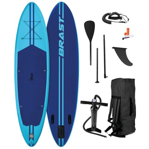 BRAST SUP Board Primo | Aufblasbares Stand up Paddle Set | 320x81x15cm | 4 Designs | inkl. Zubehör | Alu Paddel Fußschlaufe Hub-Pumpe Reparatur-Kit | Blau