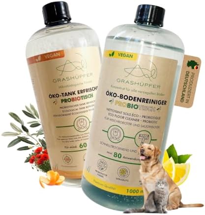GRASHÜPFER® 2er Set [SORGLOSPAKET FÜR TIERHAUSHALTE] Probiotischer Wischroboter Reiniger [ZITRUSBLÜTE] + Tankerfrischer [TOSKANA] – gegen unangenehme Gerüche – für Hunde & Katzen –