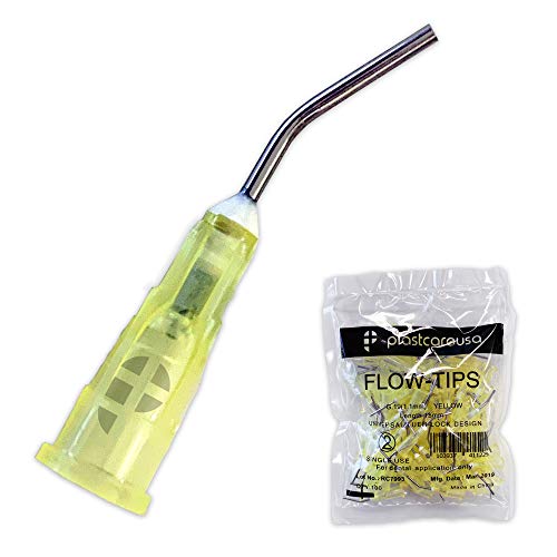 200 19 Gauge Dental Pre Bent Dispensing Needle Etch Tips - Blunt Disposable Oral Irrigation Flow &amp; Applicator Tips - (Yellow) by PlastCare USA