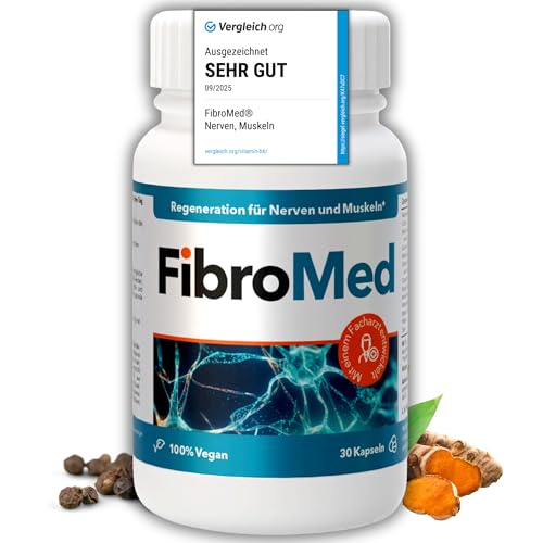 FibroMed mit Vitamin B6 B12 Folsäure Vitamin D3 Omega-3 & Pflanzenextrakten unterstützt Nerven Muskeln & Energiestoffwechsel vegan laborgeprüft & in Deutschland produziert 30 Kapseln*