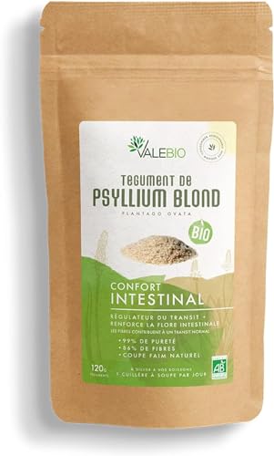 Tegument De Psyllium Blond Bio Poudre | Régulateur naturel du transit intestinal, riche en fibre & coupe-faim | 120g | Valebio