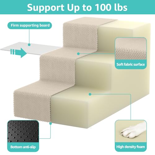 Image of YENING Large Dog Stairs for High Beds - Extra Wide Pet Steps for Large Dogs to Get on Tall Bed 3 Deep Step Cat Ramp for Couch Beige