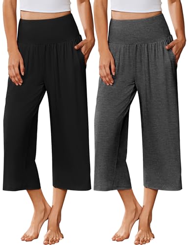 Image of Ekouaer 2 Pack Womens Pajama Pants 2026 Wide Leg Capri Yoga Pants Lounge Comfy Sleep Pj Bottoms with Pockets