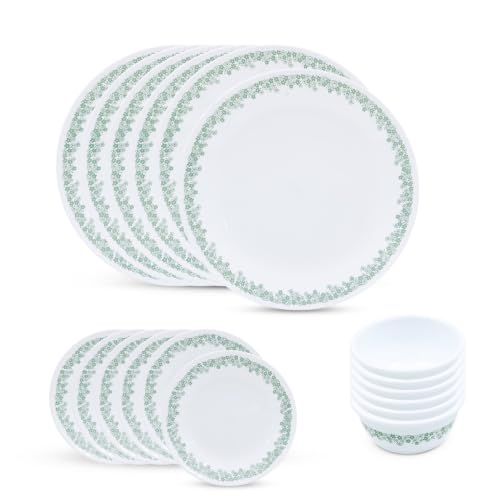 Image of CORELLE Spring Blossom Mint 18 Pcs Dinner Set for Family of 6 | Plates & Bowls for Dining| Vitrelle 3 Layer Glass| Lightweight Non-Porous Surface Crockery | 1-Year Warranty on Chip, Break & Scratch