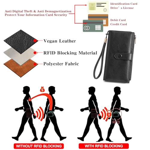 Image of GOIACII Womens Wallets Large Capacity Credit Card Holder RFID Blocking Leather Wallet Wristlet Ladies Clutch Purse Black