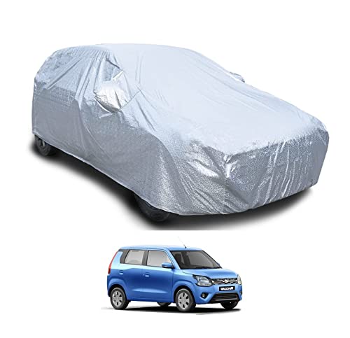 Image of Auto Hub Waterproof Car Cover Compatible with Maruti WagonR (Model : 2019-Till Date) with with Mirror Pocket, Soft Cotton Lining, Waterproof WagonR Car Cover- Metallic Silver