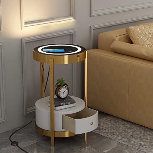 wangpengkai Gold Smart Led Nightstand with White Drawers,14in Sofa Round End Table with USB Port Wireless Charging Station,Small Coffee Table/Bedside Table/Side Table for Bedroom/Living Room