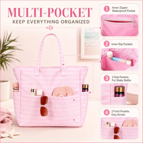 Image of LEDAOU Large Beach Bag Women Waterproof Sandproof Zipper Beach Tote Pool Bag for Swim Gym Grocery Travel with Wet Pocket