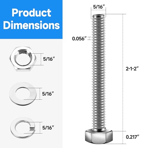 Image of (12 Sets) 5 /16 Bolt, 5 /16-18 x 2-1 /2 inch Hex Head Screws Nuts and Bolts Kit with 5 /16 Stainless Steel Bolts, Nuts Bolts Washers Assortment, Fully Threaded by Marysino
