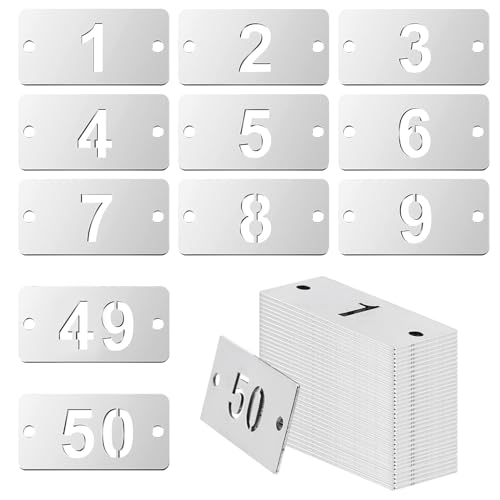 GLOBLELAND 50 etiquetas numeradas de metal acero inoxidable, etiquetas rectangulares huecas 2 agujeros para clasificar e identificar artículos 1.57 x 0.78 pulgadas