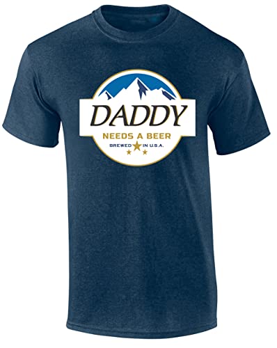 Mens Daddy Needs A Beer Shirt Funny Blue Mountains American Can Logo Parody Short Sleeve T-Shirt Graphic Tee-Heather Navy-6xl