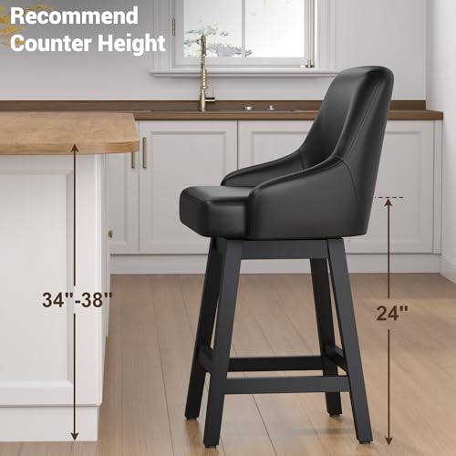 Image of YaFiti Swivel Counter Height Bar Stools Set of 2, 24 inch Modern Faux Leather Barstools with Back, Widen Upholstered Seat, Hardened Wood Legs for Kitchen Counter, Island, Dining Room, Black