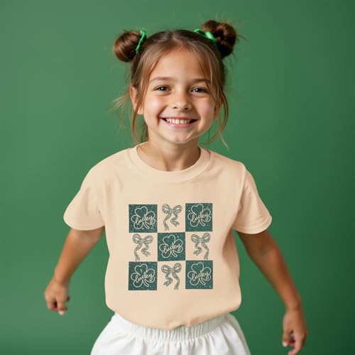 Image of GLIGLITTR Kids St Patricks Day Shirt Girls Bow Shamrock Clover Lucky Graphic T-Shirt Irish Short Sleeve Tee Tops 7-12 Years