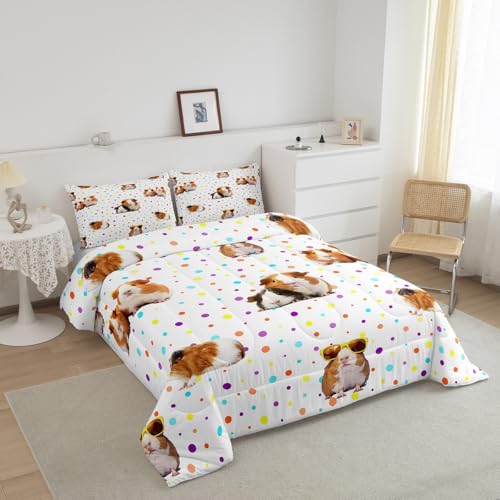 Image of Feelyou Guinea Pig Bedding Set for Girls Boys Children Cute Cavy Pattern Comforter Decorative Cartoon Lovely Pet Animal Comforter Set Toddler Size Colorful Polka Dots Duvet Set 2Pcs Sets
