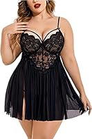 ROUXOUS Creations Womens Plus Size Lace Floral Knee Length Babydoll Panty Nightwear Set (4XL, Black)