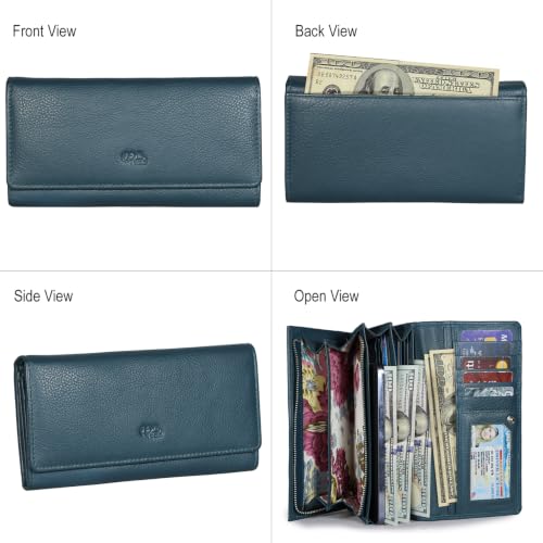 Image of Women's Top Grain Leather Wallet, RFID Blocking Bifold clutch, 17 Card Slots, Zip Pocket Organizer, Elegant Gift for Women - Birthday, Valentine, Anniversary - TEAL BLUE
