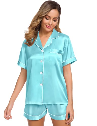 Image of SWOMOG Womens Silk Satin Pajamas Set Short Sleeve Sleepwear Button Down Top and Shorts Loungewear 2 Piece Pjs Set XS-3XL