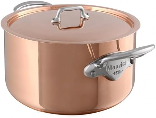Mauviel M'Heritage 150 S - Cacerola ovalada de cobre pulido y acero inoxidable de 0.06 pulgadas con tapa y asas de latón, 5.6 cuartos de galón,